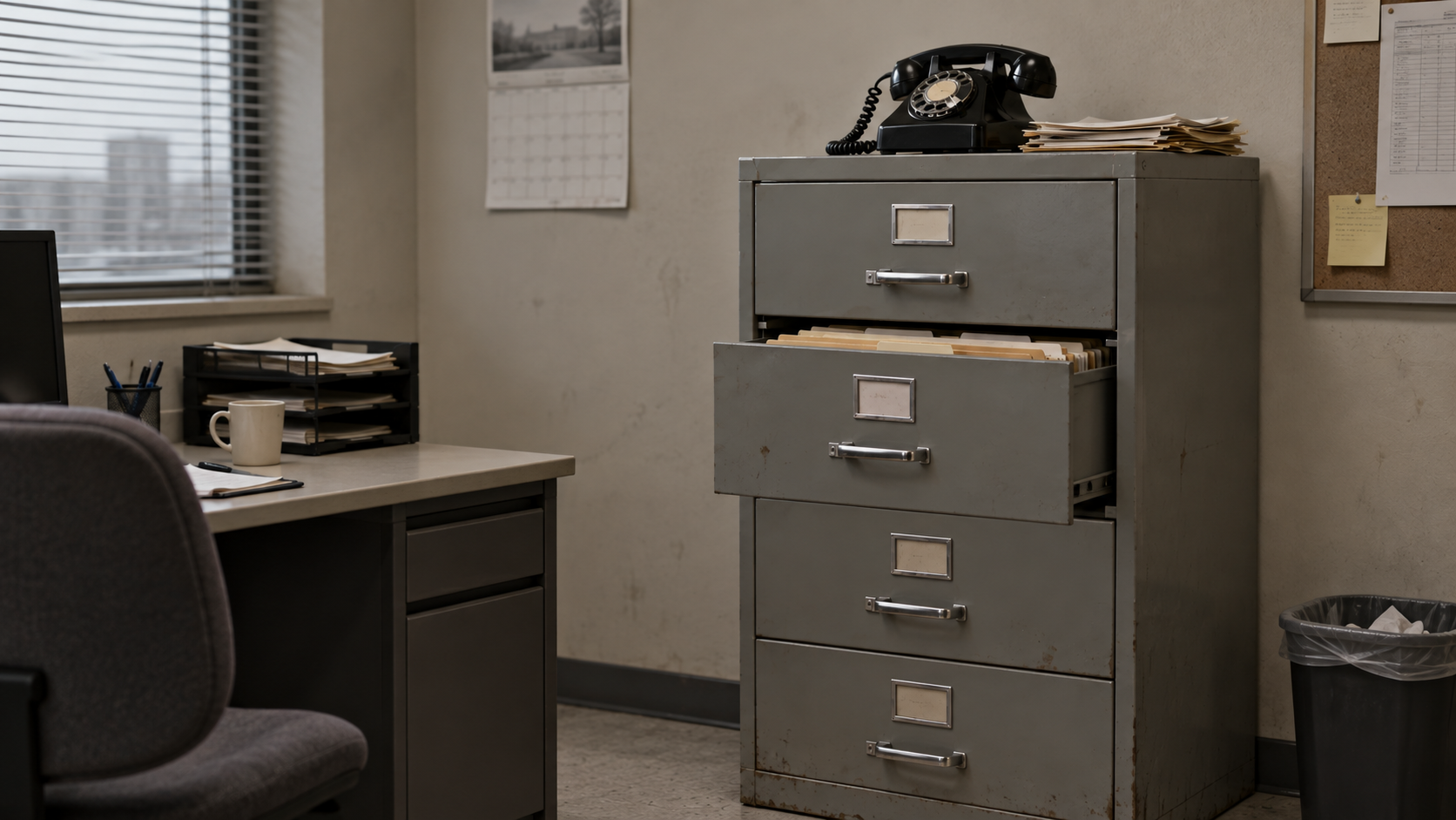 A telephone sitting on top of a filing cabinet in a drab office